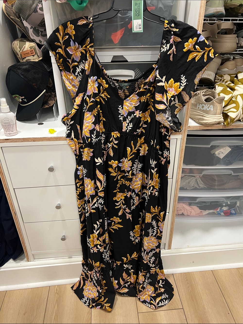 Time and Tru Black Maxi Dress with Yellow Floral Print